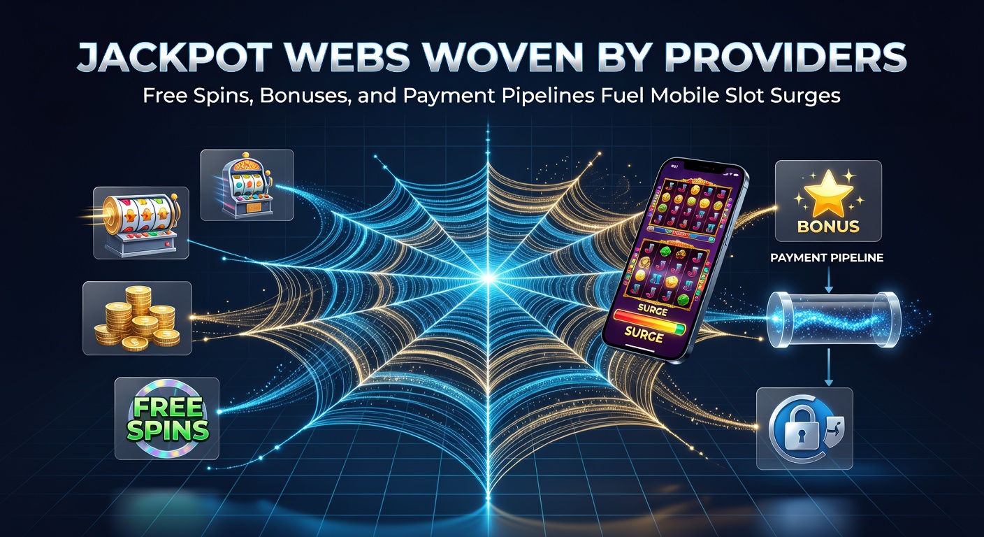 Dynamische Grafik mit vernetzten Jackpot-Slots auf Mobilgeräten, umgeben von Symbolen für Free Spins, Boni und schnelle Zahlungen